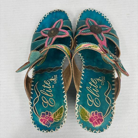 Elite by Corkys Poppy Sandals Womens Size 8 Turquoise Leather Floral Embellished - Picture 10 of 13